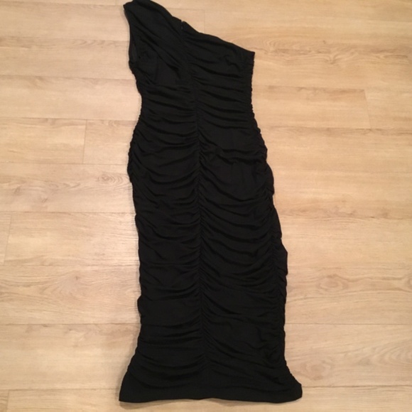 Women's Ruched Bodycon One Shoulder Cocktail Midi Pencil Dress - Picture 6 of 6